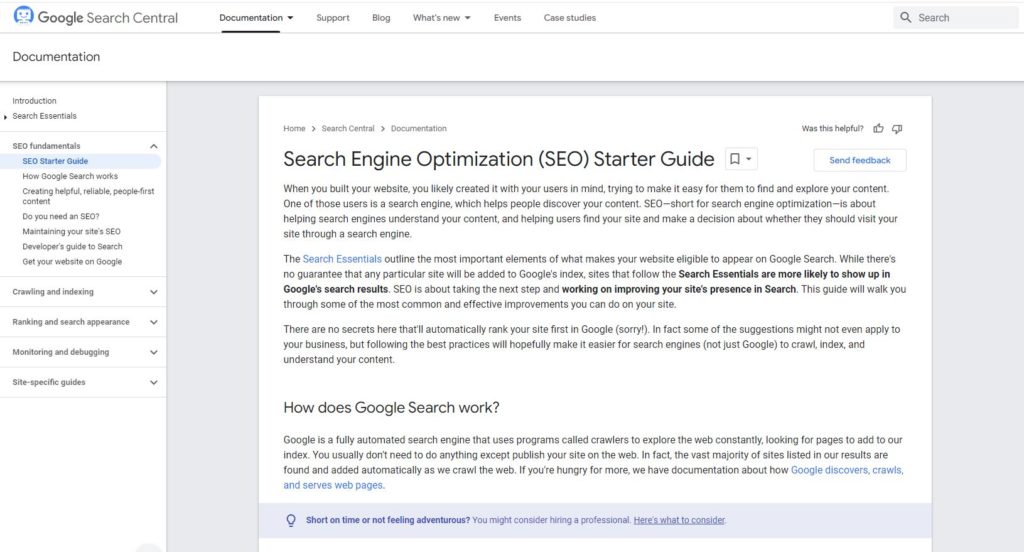 a snap from google's seo optimization starter guide to understand search engine ranking