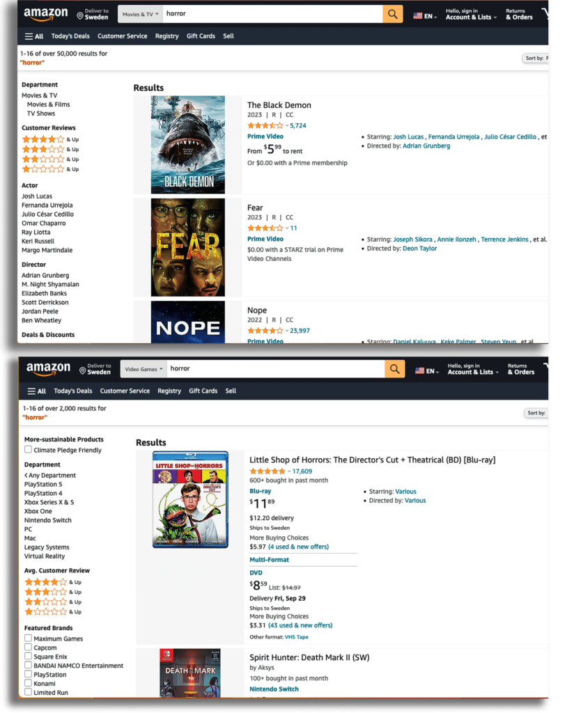 advanced filtering, especially dynamic filtering, prioritizes user experience by adapting to the users' search intent and presenting only relevant search filters. 

amazon utilizes dynamic faceting for numerous categories. in the example below, you see two categories: “movies” on top, “games” on the bottom. both include the “customer review” facet. however, the games category search showcases “featured brands”, while the movies query brings shows “actor”, “director”