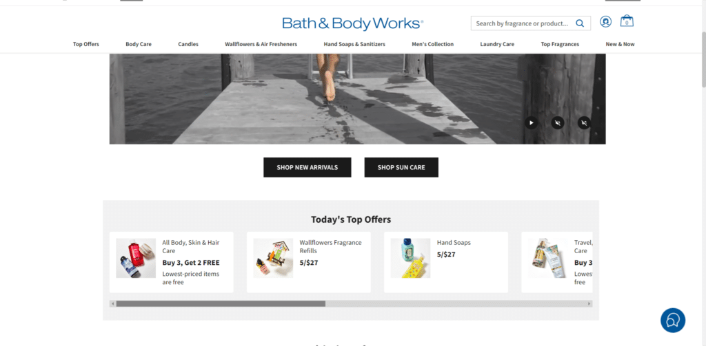 bath & body works promotes limited-time offers and special discounts on their homepage, motivating customers to make  purchases and explore new deals,  increasing customer loyalty and sales.