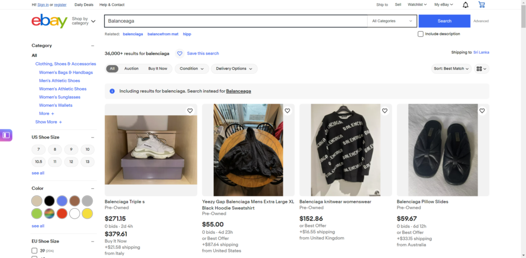 ebay search results correcting a misspelled query "balanceaga" to "balenciaga," showing related items.