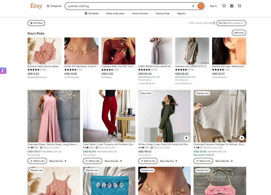 etsy  results are fast and accurate. high-quality images and clear descriptions make the search experience enjoyable, leading to higher satisfaction and repeat purchases. 