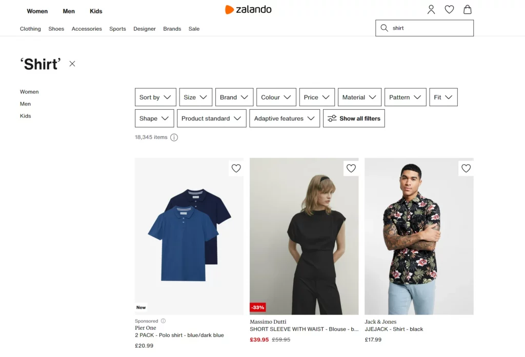 screenshot of zalando's search results for "shirt," showing various filter options like size, brand, color, and price. 