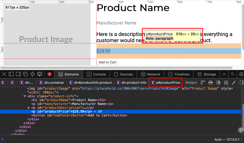 picture of the css selectors in the panel as well as on the page.