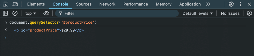 Picture of console output for HTML element associated with CSS selector.