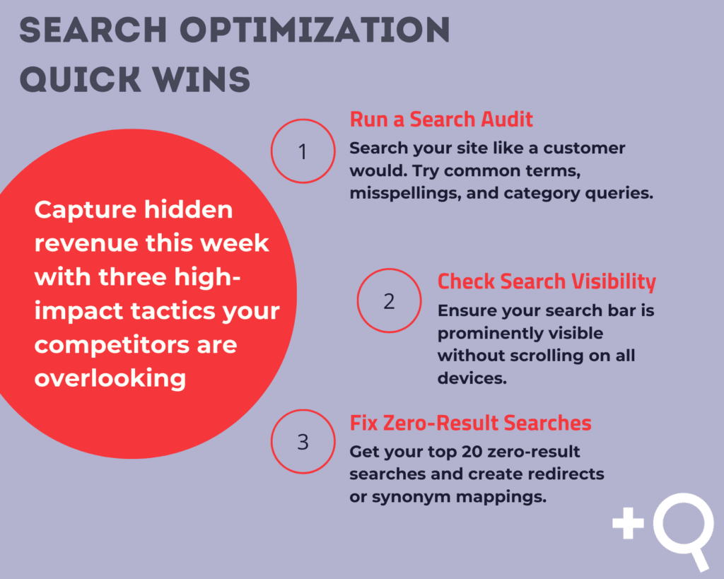 Three e commerce digital marketing quick wins with search optimization : run a search audit, search bar visibility check, and zero-results elimination to improve conversion rates